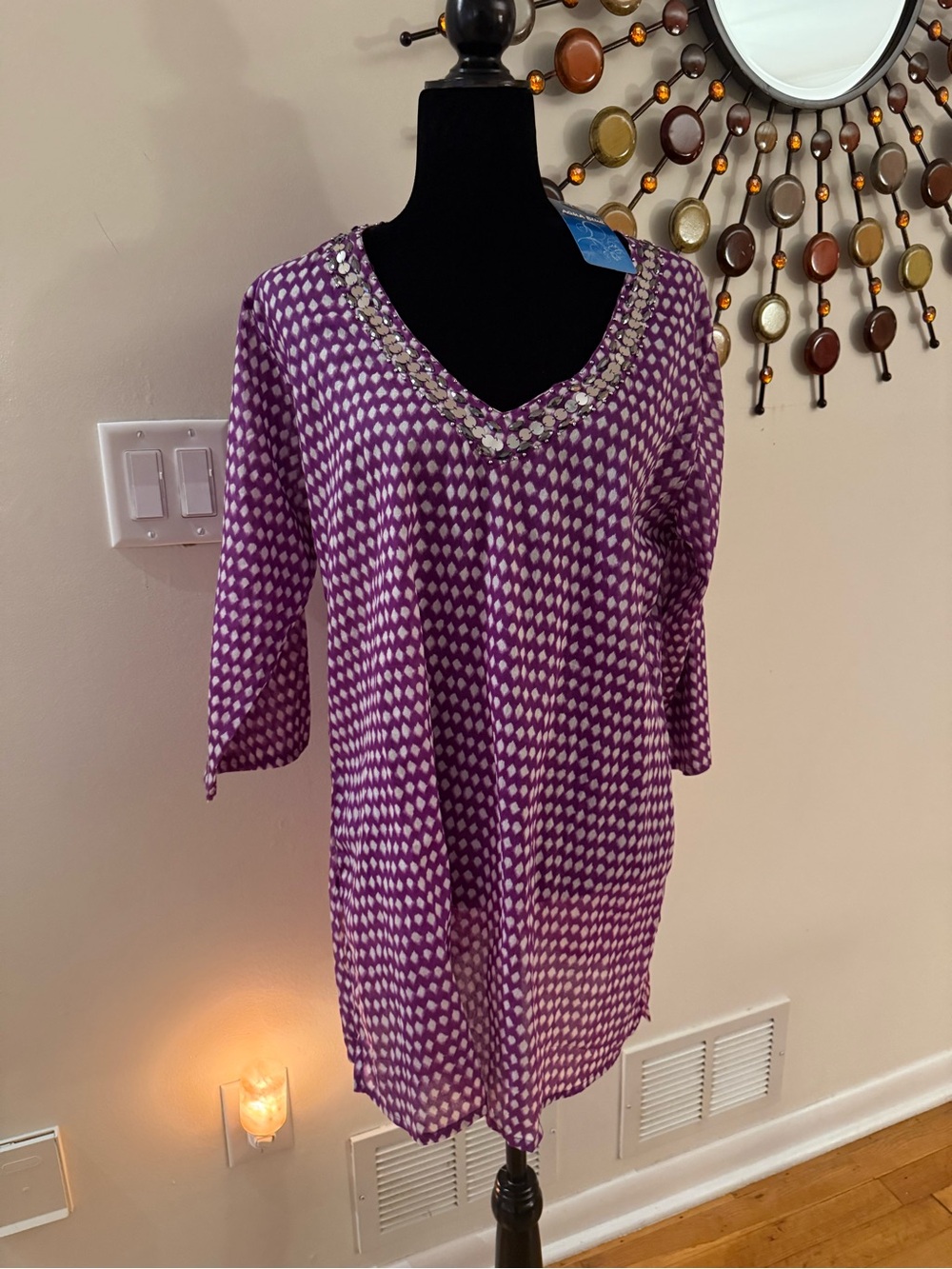 Aqua Blu Purple Printed V-Neck Tunic with Beaded Neckline